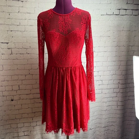 Guess | Dresses | Guess Long Sleeve Red Lace Dress | Poshmark